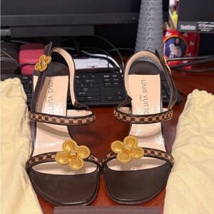 Louis Vuitton Dark Brown Sandals with Yellow Floral Design
